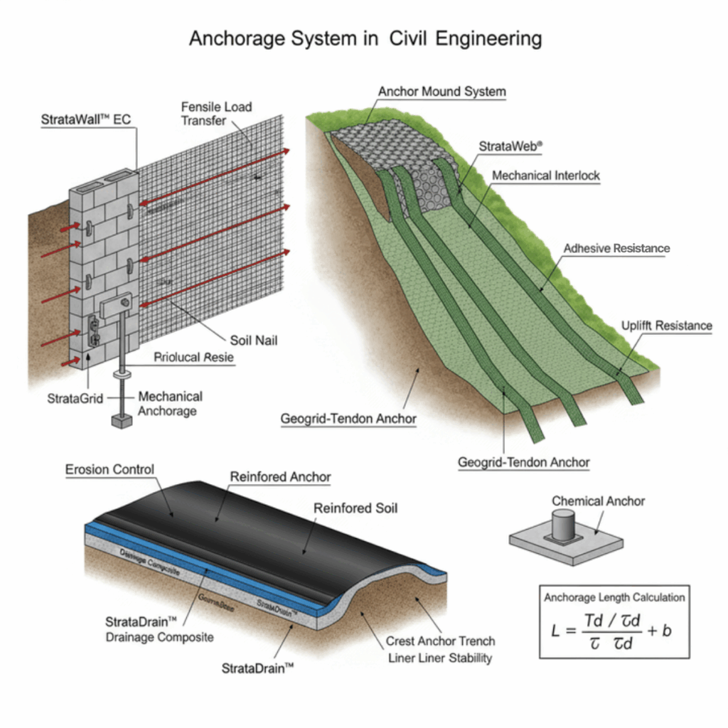 Diagram of anchorage systems showing StrataWall™ EC, StrataWeb® geocells, and StrataDrain™ with load transfer, interlock, and uplift resistance.
