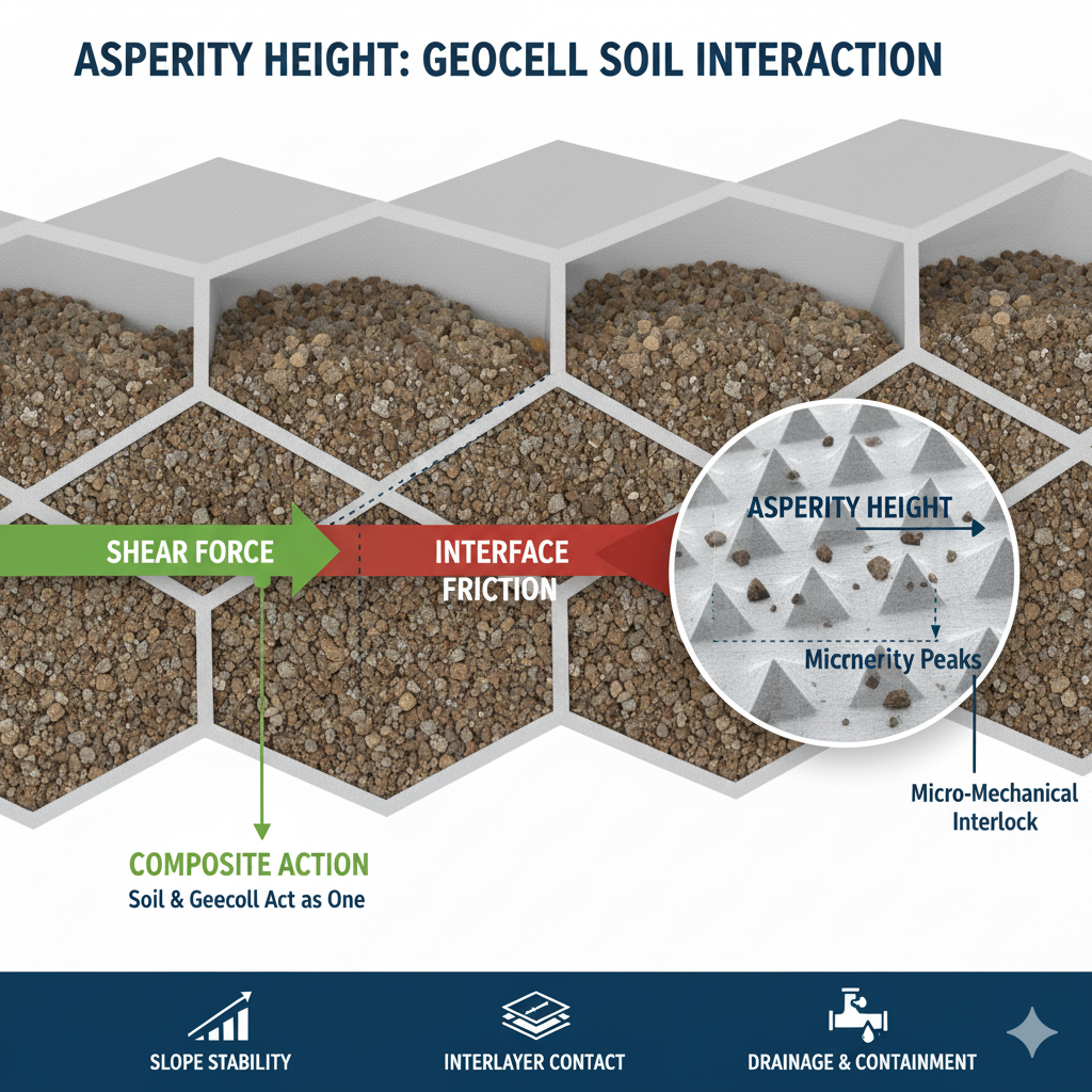 Diagram of asperity height in geocell soil interaction showing shear force, interface friction, and micro-mechanical interlock for better slope stability and drainage.