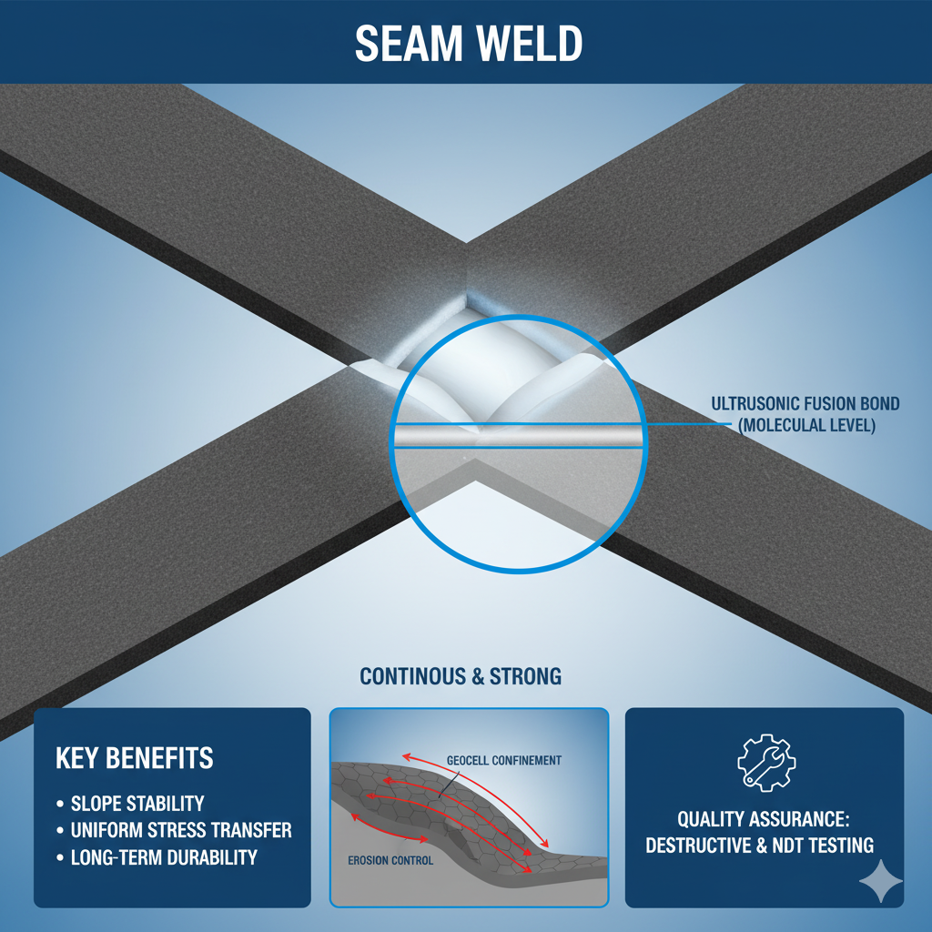Diagram of an ultrasonic seam weld in a geocell, showing a strong molecular fusion bond and benefits like slope stability, stress transfer, durability, and quality assurance.
